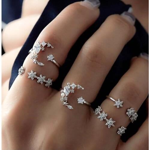 5pcs/set Silver Color Vintage Moon Star Rings for Women Charming Knuckle Rings For Girls Lady