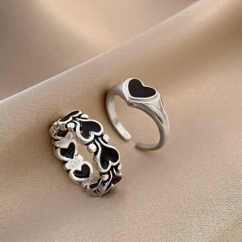 Vintage Silver Color Love Heart Ring For Women Men Golden Trendy Black Crying Face Hearts Open Adjustable Rings Party Jewelry