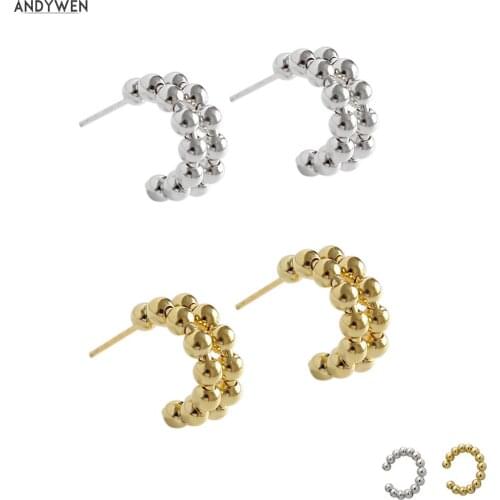 ANDYWEN 925 Sterling Silver Beads EarCuff Circle Large Hoops Round Piercing Clips Women Luxury Jewelry Women Luxury Jewelry
