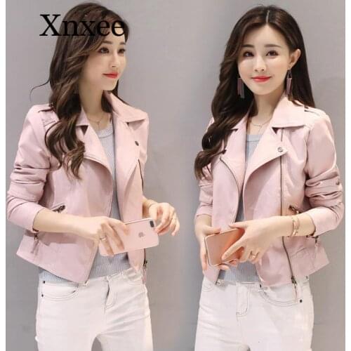Pink Leather Womens Short Slim Pink Pu Small Jacket Motorcycle Leather Jacket Large Size Women Coat Womens Leather Biker Jacket