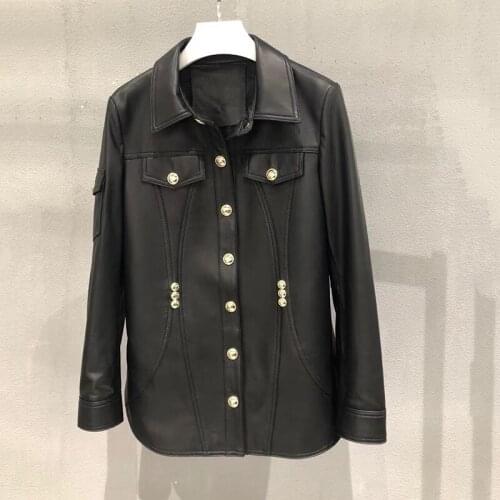 Womens Autumn Jackets 2021 Genuine Sheep Skin Leather Jacket Middle Long Shirt Style Black Color Female Coats