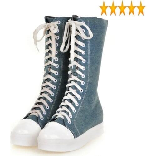 Lace Up Girls Canvas Preppy Mid Calf Boots Comfort Thicken Flat Heel Denim Womens Casual Shoes Creeper Platform Street Footwear