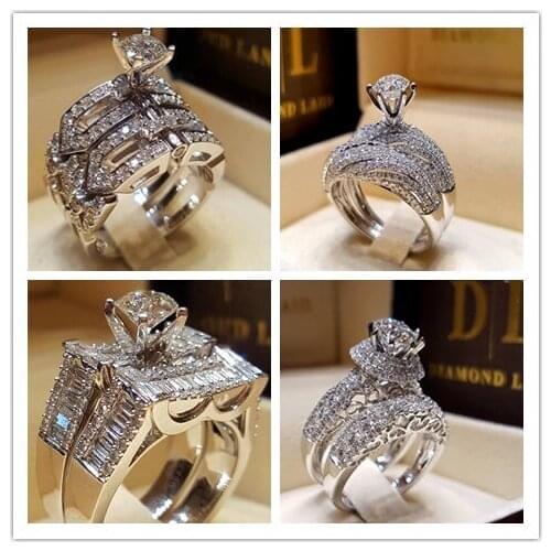 Female Crystal Zircon Ring Set Luxury silver plated Promise Engagement Ring Vintage Bridal Wedding Band Rings For Women