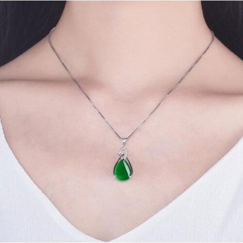 LUKENI Fashion Green Crystal Water-Drop Pendant Necklace For Women Accessories Trendy Silver 925 Girls Choker Necklace Female