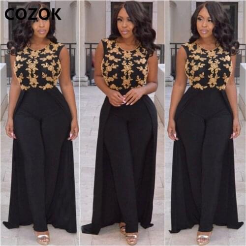 2021 Black Jumpsuit Pants Evening Dresses Prom Gowns Gold Appliques Event Suit Boho vestido de Evening Party Dress