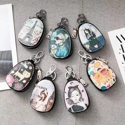 Painted Design PU Keychain Pouch Women Keyrings Wallet Organizer Holders Storage Bag Housekeepers Car Key Holder Case Coin Purse