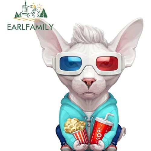 EARLFAMILY 13cm x 10cm Sphynx Cat Wearing Stereo Glasses Funny Car Stickers Waterproof Animal Cute Decals JDM RV Window Decor