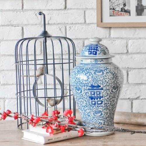 Retail Chinese Hand Painted Blue And White Ceramic Porcelain Jars With Double Happiness Design