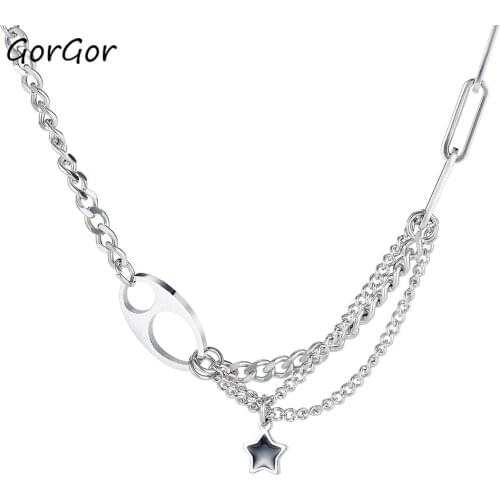 GorGor Necklace Women Stainless Steel Pattern Five-pointed Star Pull Ring Pendant Individuality Exquisite Jewelry TX-1799