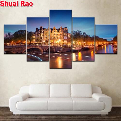 Full square/round diamond embroidery 5 Piece netherlands Amsterdam nightscape diamond painting 5d diy diamond mosaic sale arts