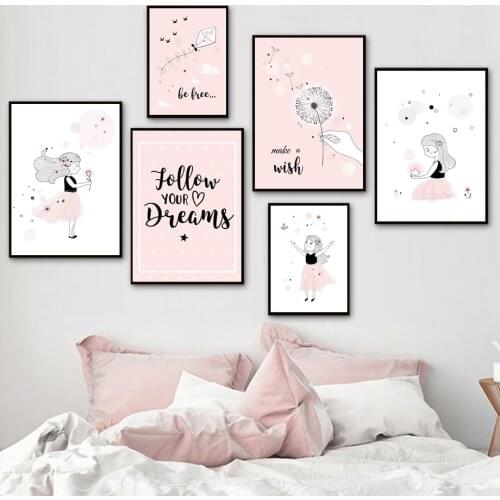 Pink Kite Dandelion Girl Butterfly Dream Wall Art Canvas Painting Nordic Posters And Prints Wall Pictures Kids Kawaii Room Decor