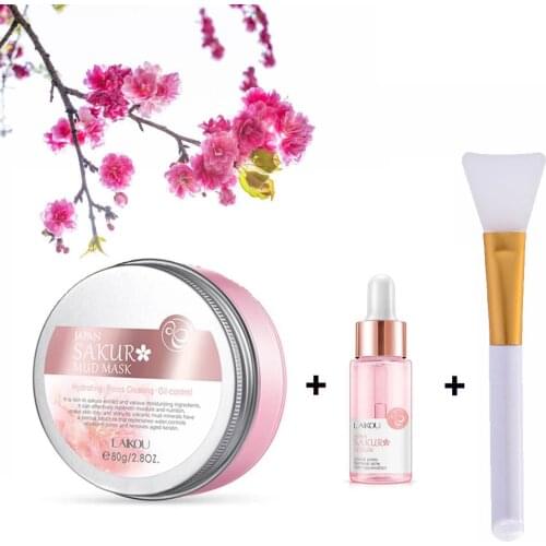 Sakura Face Care Set Sakura Mud Mask + Serum Essence for Face and Body Purifying Face Mask for Acne Blackheads and Oily Skin