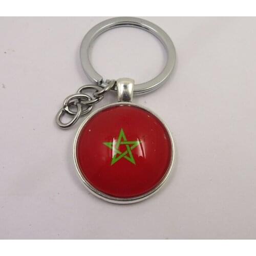 Fashion Morocco Flag Keychain Charm Glass Beads Key Chains Silver Plated Metal Blank Keyring Keychain Morocco Keychain