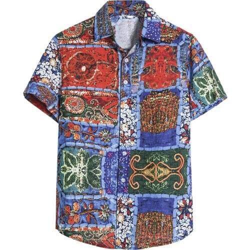 Fashion Ethnic Vintage Shirts Clothes Men Cardigan Short Sleeve Beach Flower Shirt Men Turtleneck Hawaiian Shirt Chemise Homme