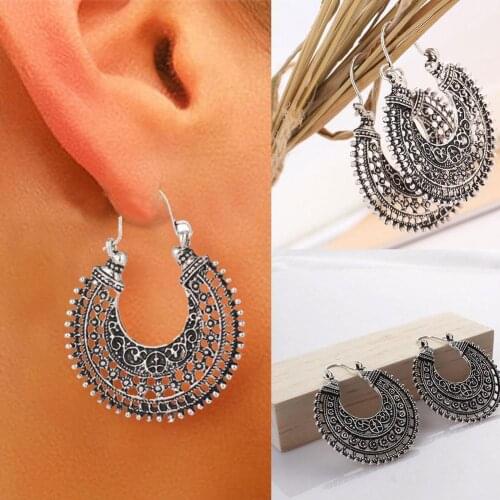 Fashion Carved Hollow Flower Earring Jewelry Boho Ethnic Tribal Pendant Earring Earring Tibetan Vintage Antique Hoop E4P2
