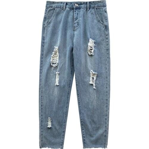 Mens Ragged Hole Nine-Point Jeans Unisex Straight-Leg Jeans Mens Trendy Brand Loose Casual Pants