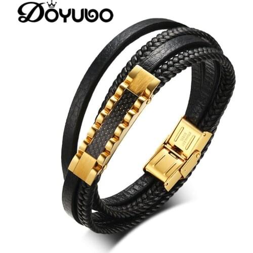 DOYUBO Punk Style Carbon fiber Super Fiber Bracelet For Men Stainless Steel Black Leather Bangles Trendy Male Accessories DD060