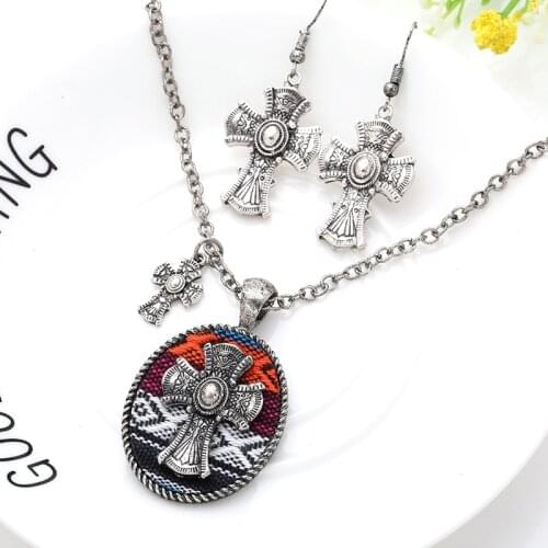 Necklace earring set Fabric cross pendant Men Women Antique Silver Plated Cross Necklace jewelry Gray African boho wholesale