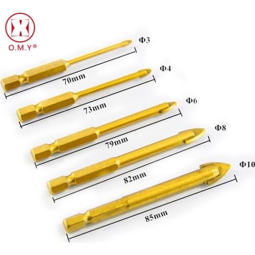 OMY 5pcs Glass Drill Bit Set with 1/4" Hex Shank Carbide Tipped Ceramic Tile Cutter 3/4/6/8/10mm Power Tools Accessories