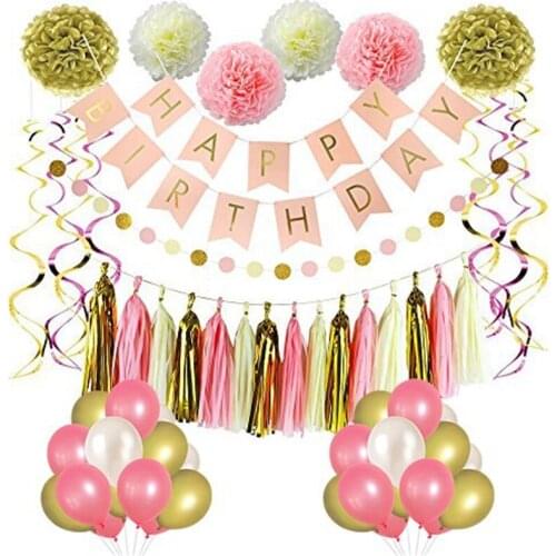 Birthday Decorations Sets Party Supplies Pink Gold Ivory Gold Tissue Paper Pom Pom Hanging Swirl for Birthday Party Decoration