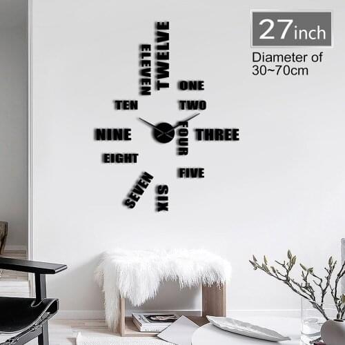DIY Modern Design 3D StickerEnglish Letter Number Wall Clock Frameless DIY Giant Wall Clock Simple Quiet Sweep Wall Watch Decor