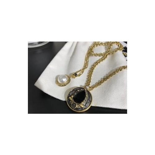 New Retro Brass Black Agate Pearl Pendant Double Necklace