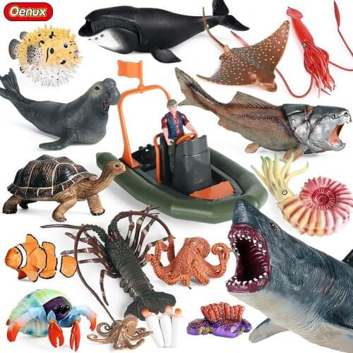 Oenux Diver Airship Ocean Animals Crab Shark Turtle Squid Lobster Octopus Fish Model Action Figures Cute Baby Shower Beach Toys