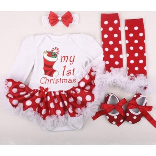 Christmas Gift Newborn Clothing Set Baby Girls Dress Cotton Mesh Ruffles Girl Christening Gowns 4pcs 1st Christmas Dress Set