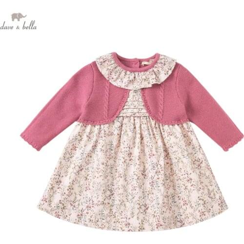 DB18924 dave bella autumn baby girls cute floral print sweater dress children fashion party dress kids infant lolita clothes