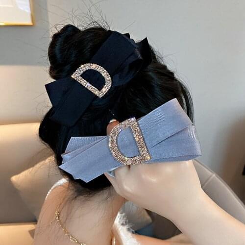 Rhinestone Letter D Headband Headwear Elastic Hair Band Women Shiny Satin Bowknot Letter D Hair Accessories Headband Wholesale