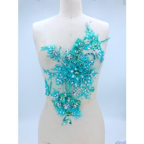 Handmade skyblue Hot drilling Rhinestone beaded lace embroidery patch applique wedding dress bordados DIY Performance clothing