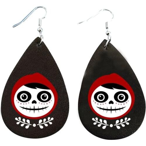 Happy Chirstmas Miguel Theme Faux Leather Teardrop Earrings Layered Glitter Day Of Death Double Print Earrings New