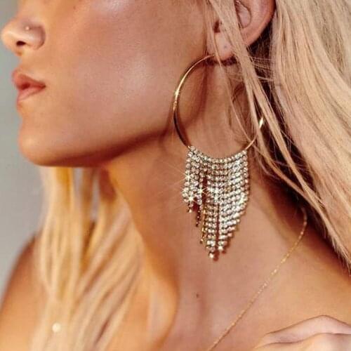 StoneFans Large Rhinestone Hoop Earrings for Women round Statement Jewelry Tassel Gold Round Earrings Prom Stage Gift
