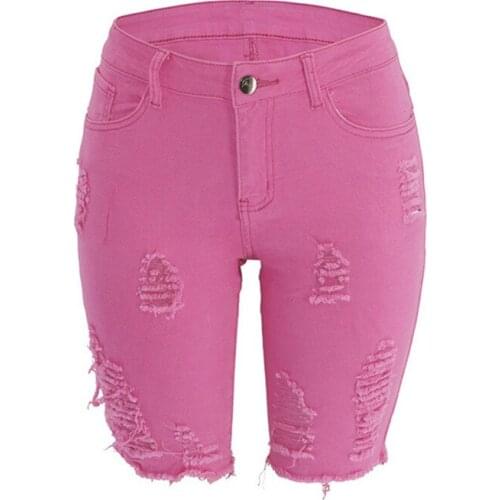 Super Stretchy Jeans Bermuda Shorts Five Points Pants Women Mom High Waist Tight Ripped Hole Pink White Denim Knee-length Shorts