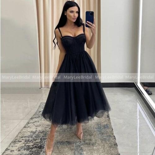 Vintage Black Short Prom Dresses Spaghetti Strap A-Line Party Dress Sweetheart Tea-Length Tulle Formal Gowns robes de cocktail