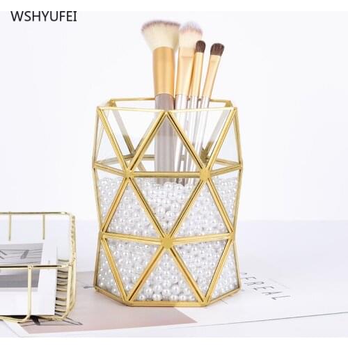 WSHYUFEI Golden storage tube cosmetic storage bucket jewelry decoration pen holder makeup brush storage box home office supplies