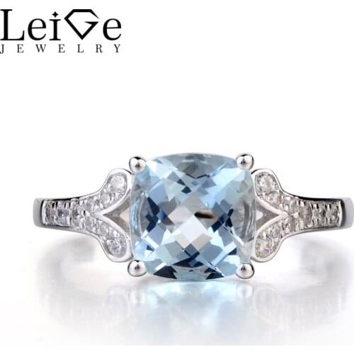 Leige Jewelry Natural Aquamarine 925 Sterling Silver Ring March Birthstone Gemstone Cushion Cut Engagement Ring for Women
