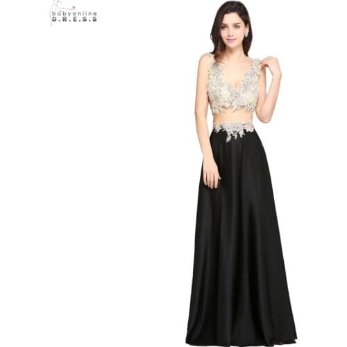 Sexy Deep V-neck Backless Lace Prom Dresses Long A-line Black Sleevess Beadings Prom Gowns Vestido de Festa Longo