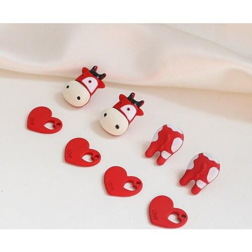 10pcs Red LOVE Cute Cow Earring for Women alloy spray paint calf head stud Earrings diy sweet jewelry accessories material