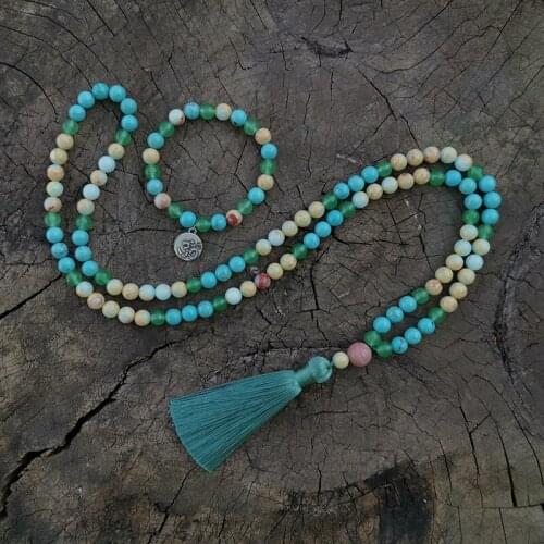 8mm Turquoise,Serpentine Japa Mala Set,Clear Mind,Meditation Mala,Namaste Yoga Jewelry,Buddhist Mala Prayer Bead,108 Mala Bead