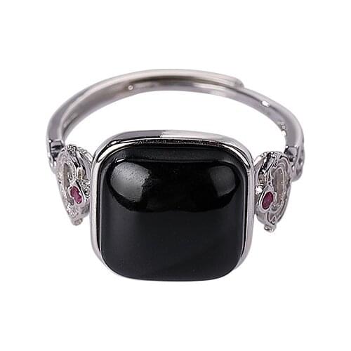 Baifuming s925 sterling silver natural Hetian dark jade ring personality retro Ruyi square Womens Open ring