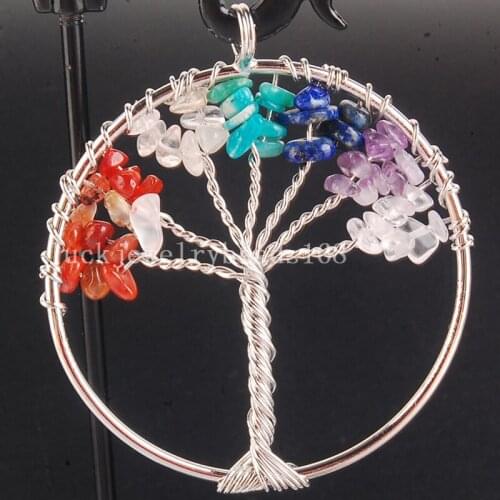 Free Shipping Women Fashion Jewelry 50mm Tree of life - Multicolor Crystal Wire Wrap Round Pendant C4092