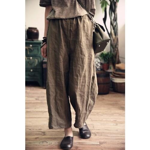 Women Loose Solid Color Ramie Pants Ladies Vintage Elastic Waist Ramie Trousers Female 2020 Summer Pants
