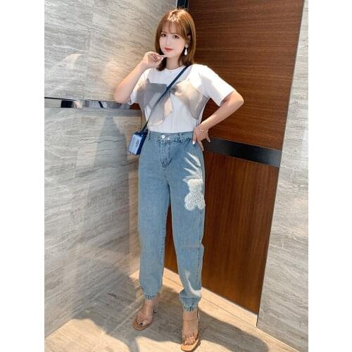 High quality Lace mesh bear stud high waisted jeans 2021 summer new pattern