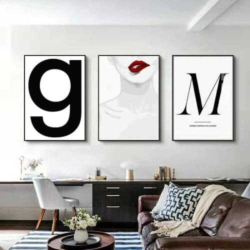 Living Room Decoration Painting Modern Simple Black And White Red Lips Letter Oil Painting Personality Character Mural