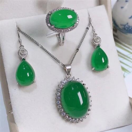 Jadery Natural Green Chalcedony Jade Jewelry Sets For Women 925 Sterling Silver Necklace/Earrings/Ring Jewelry bijoux femme 2019
