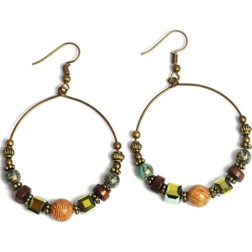 Crystal Bohemia Earrings For Women Ethnic Big Circle Round Rings Hollow Tassel Earring Vintage Metal Wooden Beads Earing Jewlery