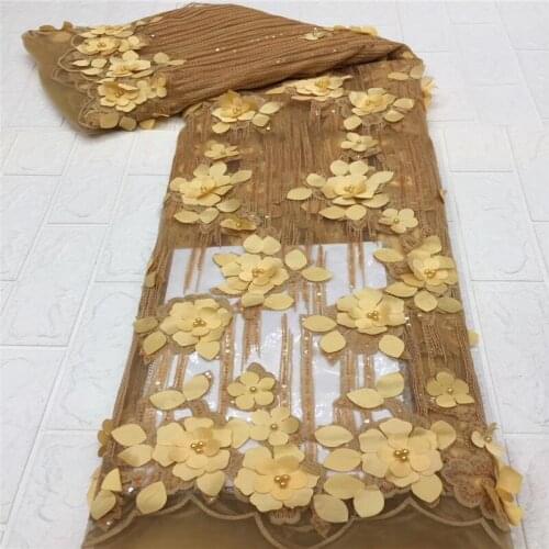 African beads Lace Fabric 2021 yelllow High Quality Lace French Tulle Lace 3d flower Fabric Nigerian Lace Fabrics For Dress