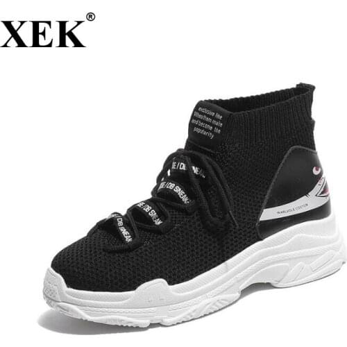 XEK Men boots 5 CM Thick Sole Sock Shoes Knit Vamp Breathable White Black Sapato Feminino wyq43