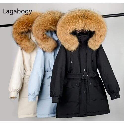 Lagabogy 2021 New Winter Puffer Down Jacket Women 90% White Duck Down Coat Female Hooded Warm Belt Parkas Large Real Raccoon Fur